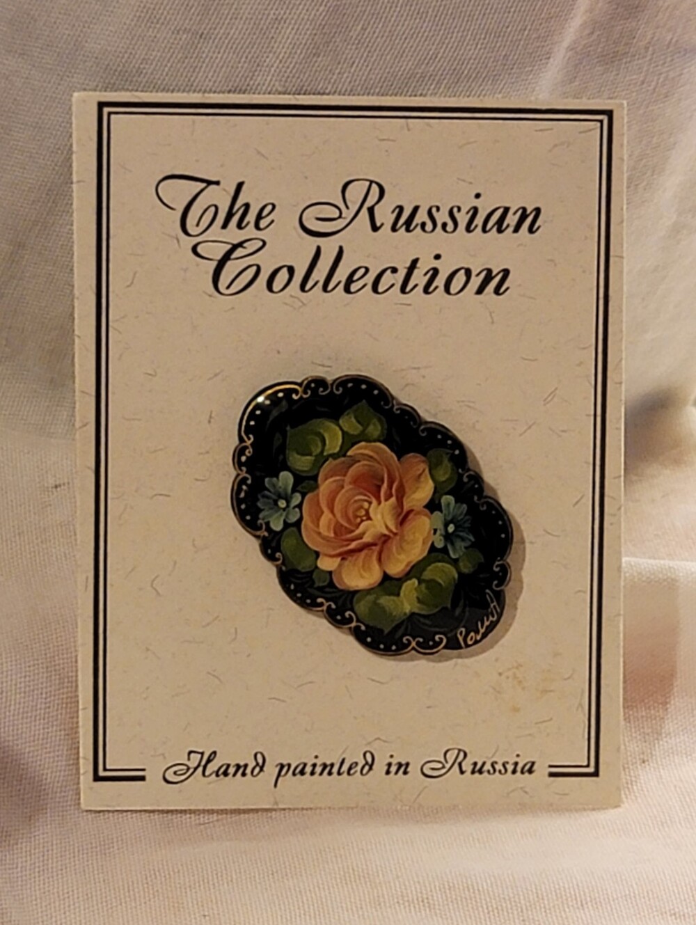 Vtg Hand-Painted Rose Brooch - Black & Gold